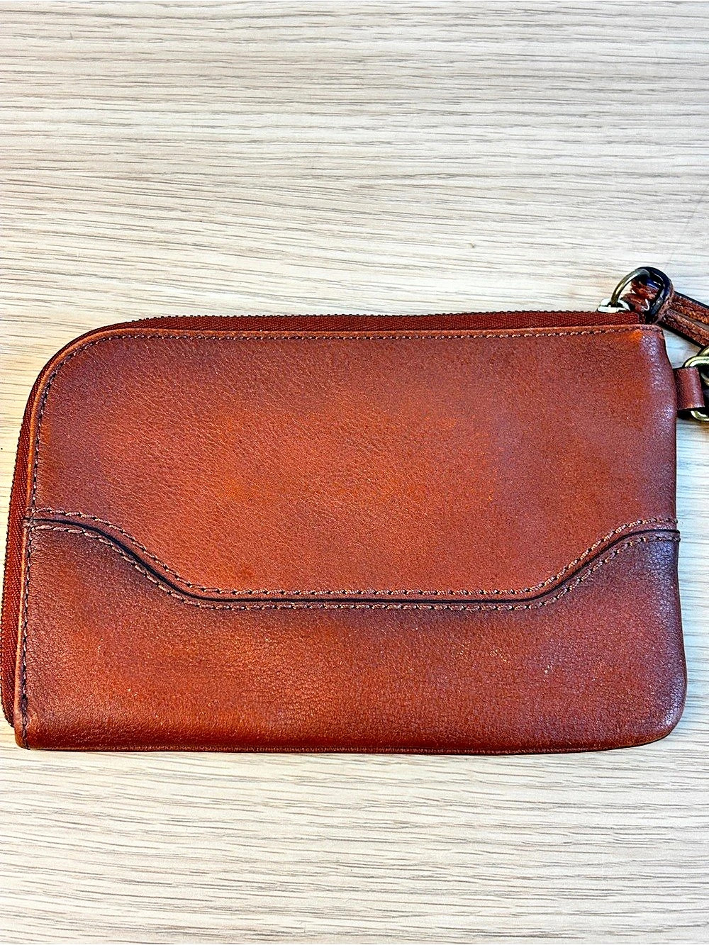 Frye Paige Leather Tassel Wristlet Wallet Cognac Brown